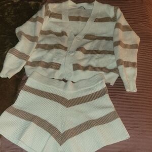 Fashion Nova Striped Cardigan and Shorts Set - Cream and Brown